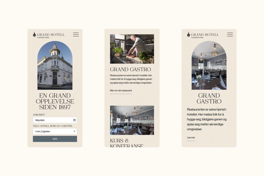 Grand Hotell Flekkefjord - visuell identitet og nettside med bookingløsning