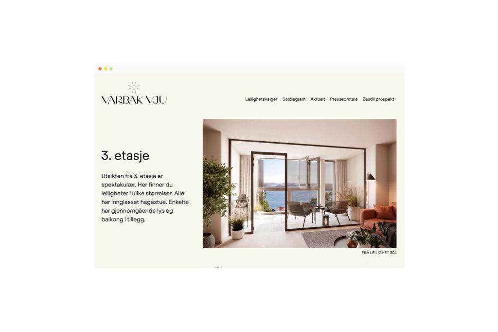 Varbak Vju - visuell identitet og nettside med leilighetsvelger for boligprosjektet
