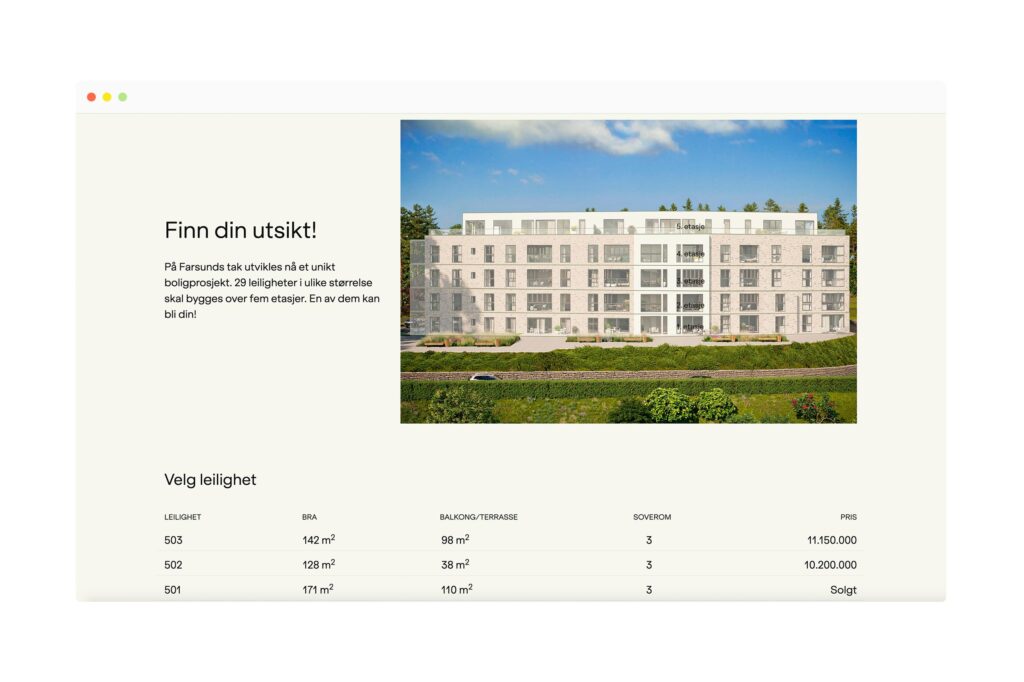 Varbak Vju - visuell identitet og nettside med leilighetsvelger for boligprosjektet