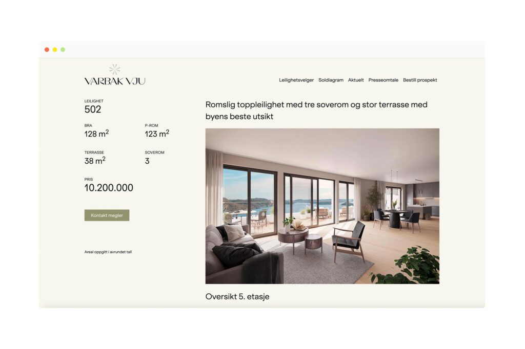 Varbak Vju - visuell identitet og nettside med leilighetsvelger for boligprosjektet