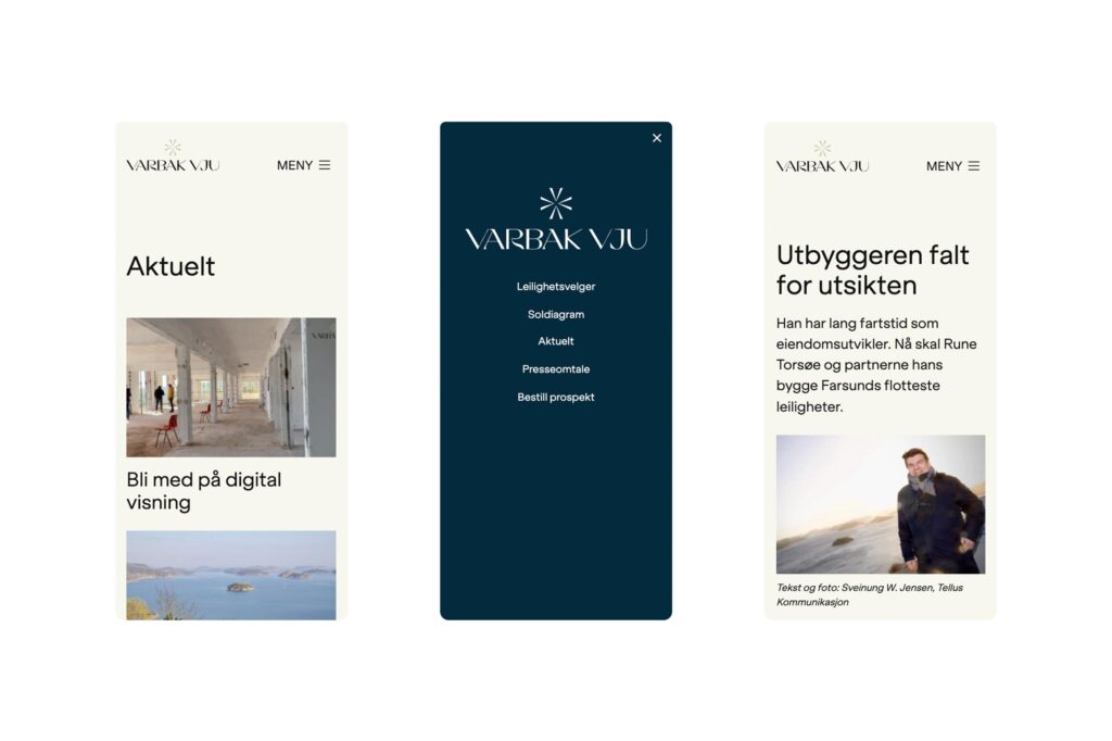 Varbak Vju - visuell identitet og nettside med leilighetsvelger for boligprosjektet